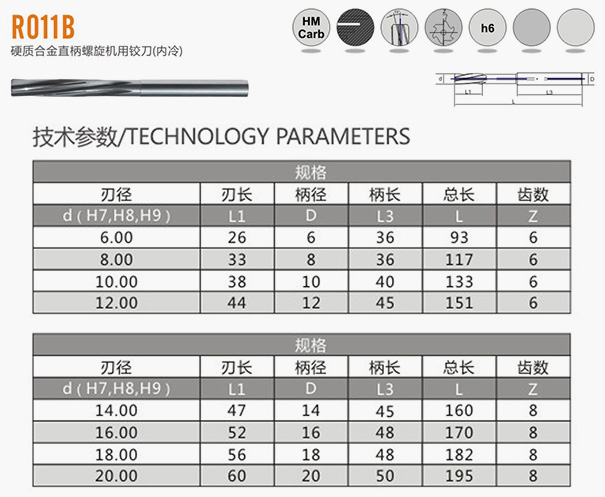 硬质合金直柄螺旋机用铰刀（内冷）